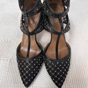 Aquazzura Belgravia Mesh Leather Honeycomb Cutwork Silver Beaded Heels Sz. 38